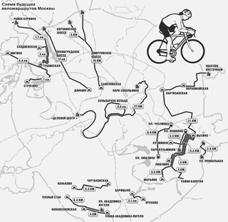 Map of Cycle routes, cycle paths, cycle lanes of Moscow